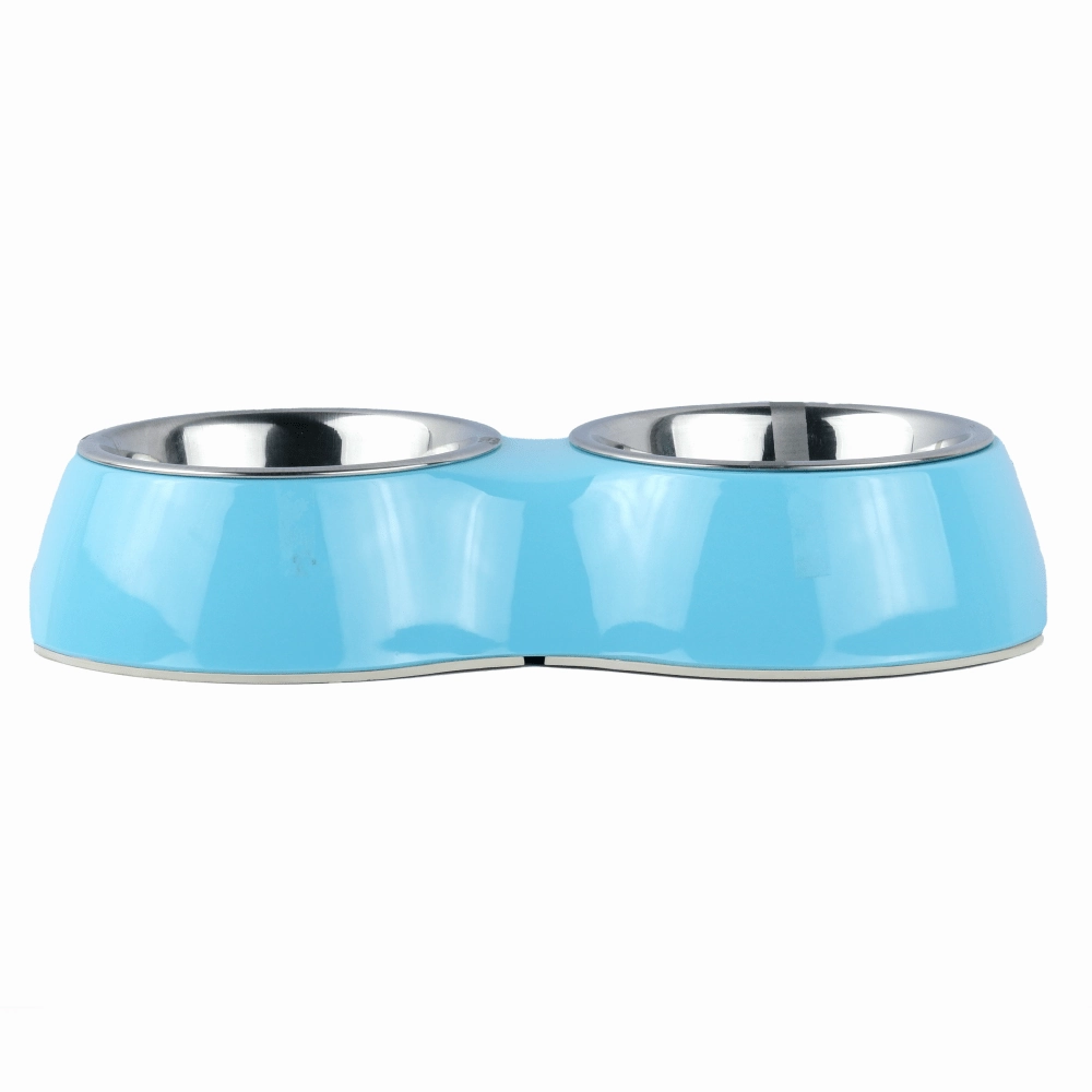 Basil Double Melamine Bowl Dinner Set for Dogs and Cats (Blue)