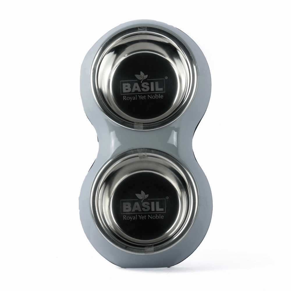 Basil Double Melamine Bowl Dinner Set for Dogs and Cats (Grey)