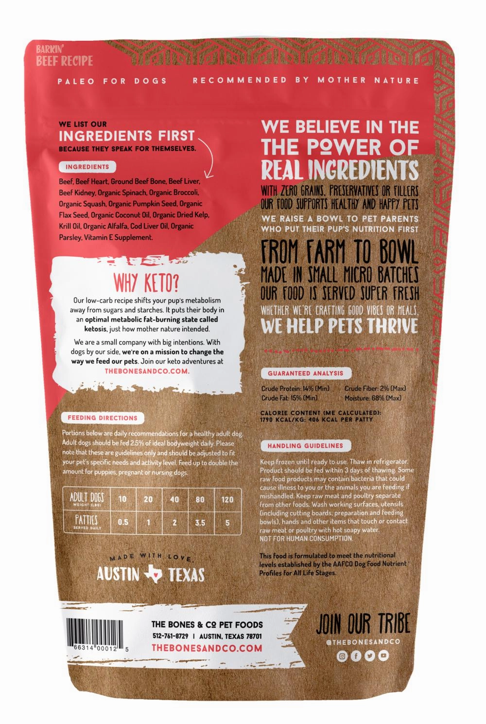 Bones and Co. Barkin' Beef Patties Frozen Raw Dog Food