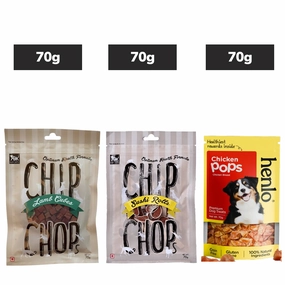 Chip Chops Lamb Cubes, Chip Chops Sushi Rolls, Henlo Chicken Pops High Protein Treats Dogs Combo