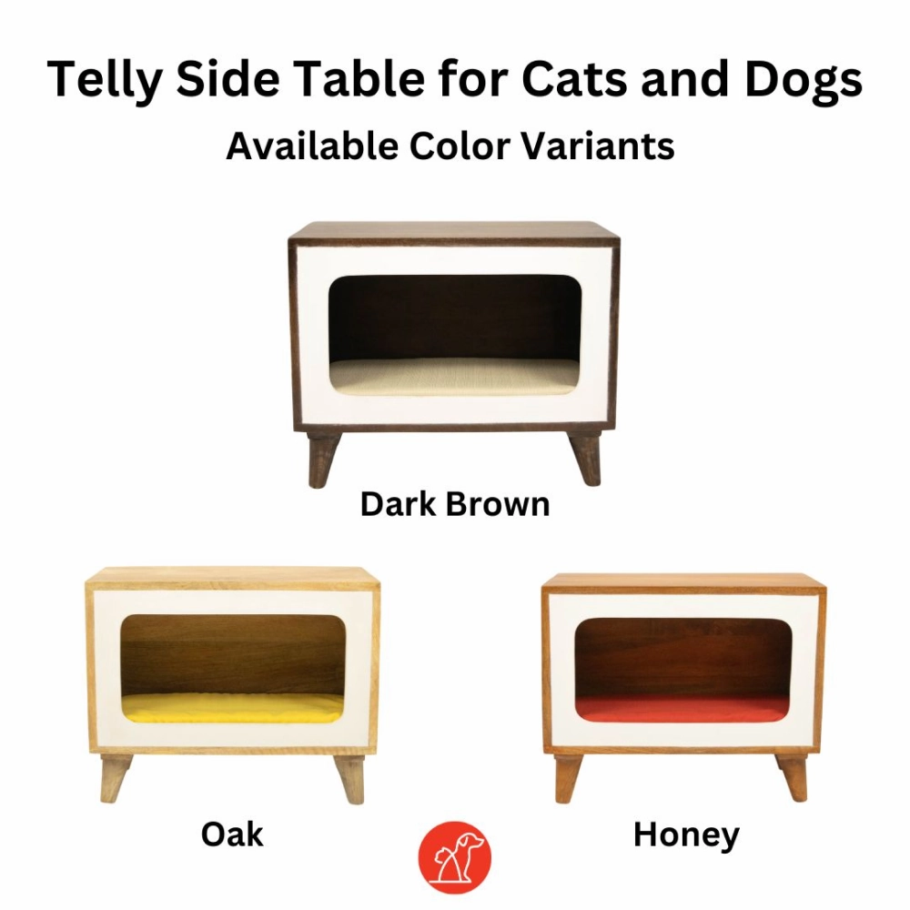 FurryLiving Telly Side Table with Cushion for Small Dogs and Cats (Dark Brown/Red Cushion)