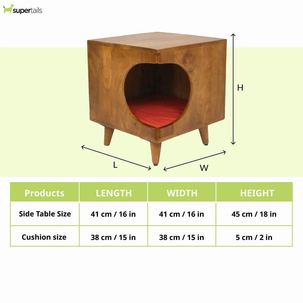 FurryLiving Wally Side Table with Cushion for Small Dogs and Cats (Honey/Red Cushion)