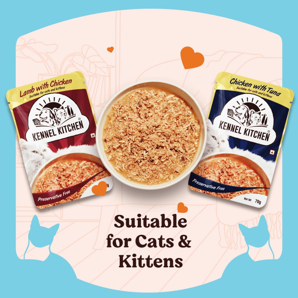 Kennel Kitchen Lamb with Chicken Shreds in Gravy Kitten and Adult Cat Wet Food (All Life Stage) with  Creameroo Chicken with Mackerel Creamy Cat Treats Combo