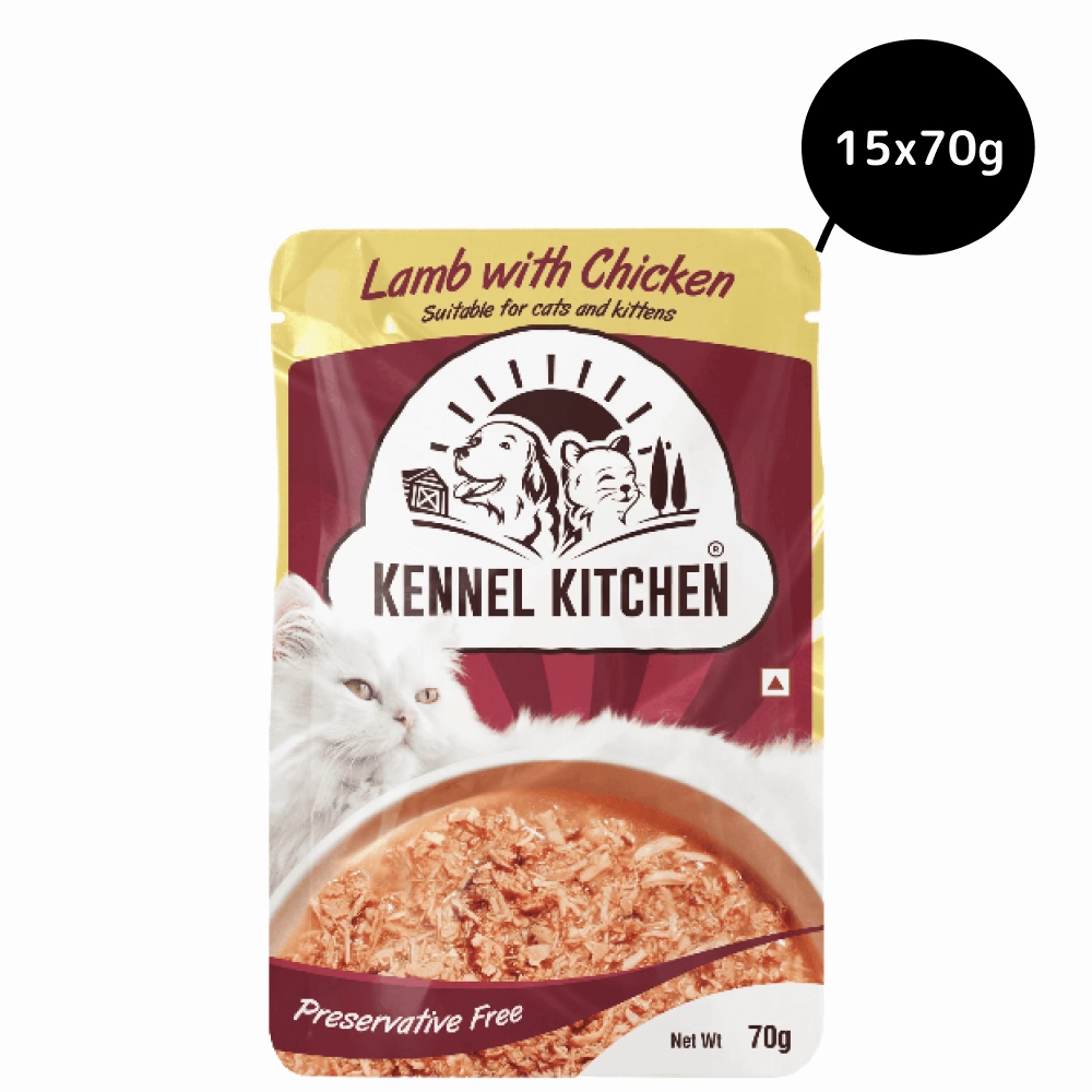 Kennel Kitchen Lamb with Chicken Shreds in Gravy Kitten and Adult Cat Wet Food (All Life Stage) with  Creameroo Chicken with Mackerel Creamy Cat Treats Combo