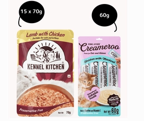 Kennel Kitchen Lamb with Chicken Shreds in Gravy Kitten and Adult Cat Wet Food (All Life Stage) with  Creameroo Chicken with Mackerel Creamy Cat Treats Combo