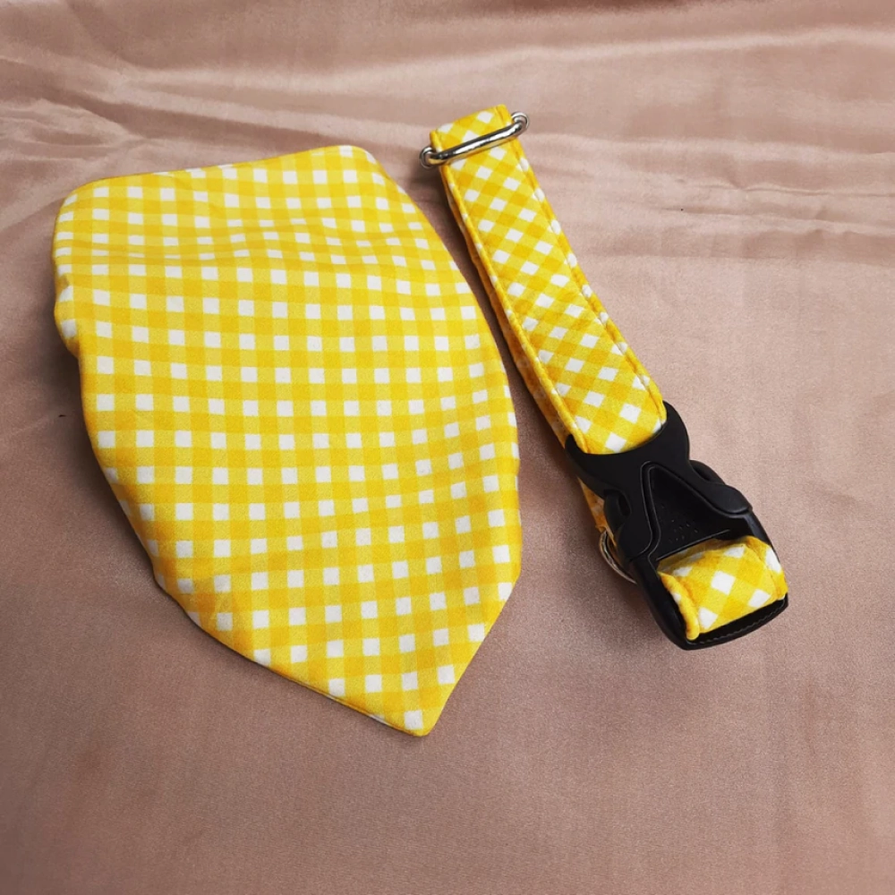 Pet Feast Checkered Collar And Bandana Sets for Dogs (Yellow)