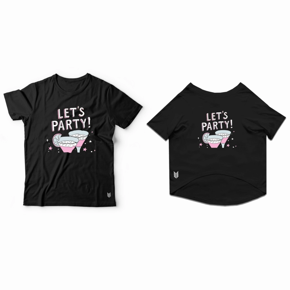 Ruse "Let's Party" Printed Half Sleeves Unisex T Shirt for Dogs and Pet Parents (Black)