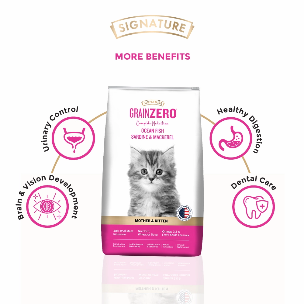 Signature Grain Zero Ocean Fish Sardine Mackerel Kitten Dry Food, Scoopy Lavender Natural Brown Sand Cat Litter Combo