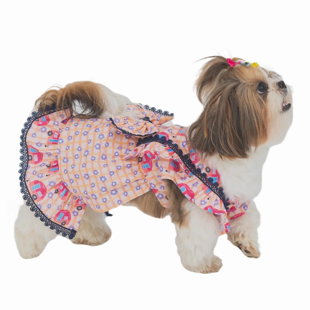 The Papaw Cartel Caravan Plaid Frilled Dress With A Bow for Dogs (Light Pink/Orange)